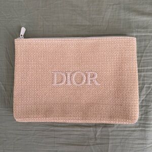 Dior Beauty Tan Cream Raffia Straw Bag Clutch Zip Pouch Lined Interior
